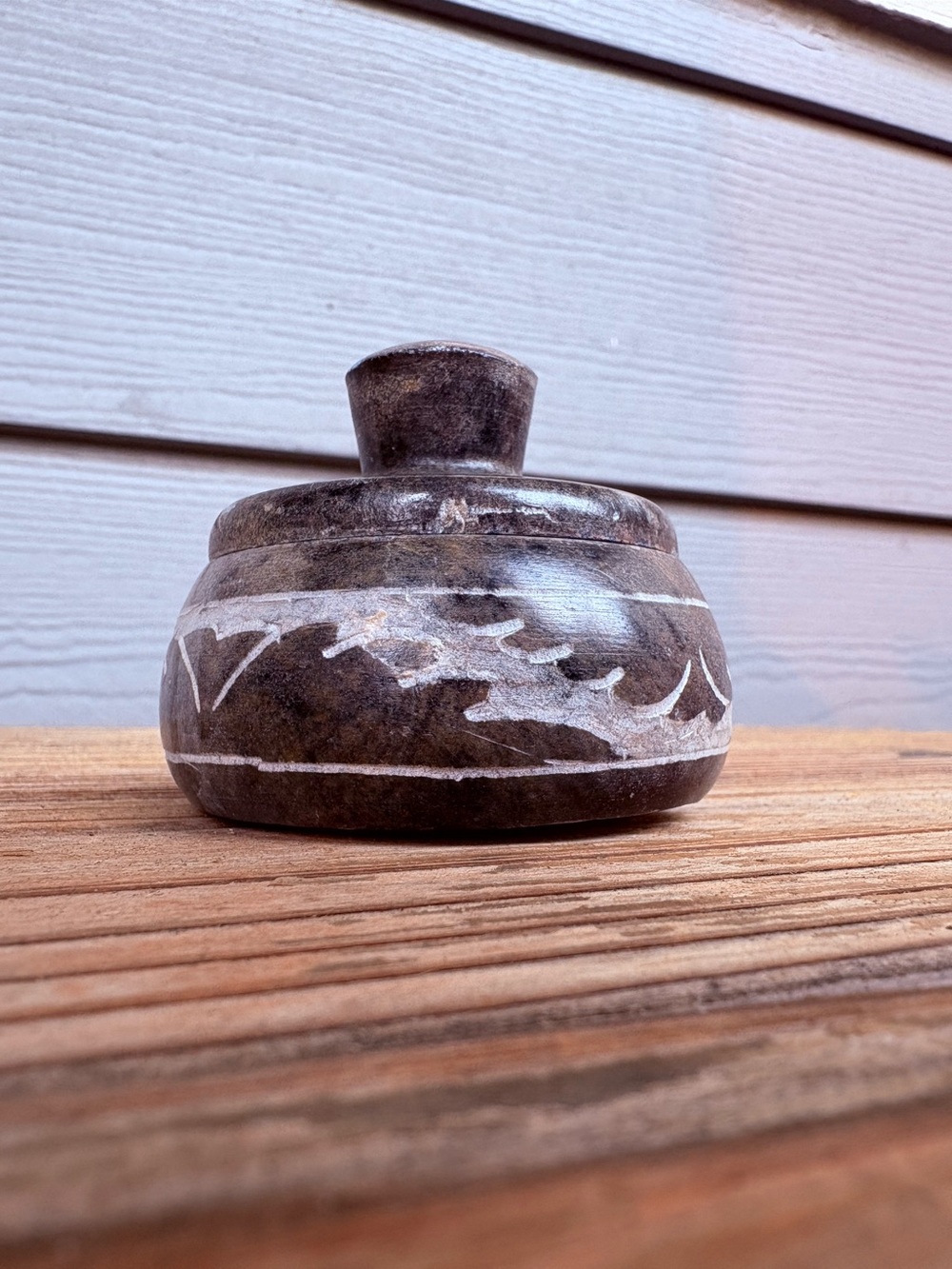 Carved Soap Stone Mimi Round Jewelry Box Lidded Keepsake Gift Box